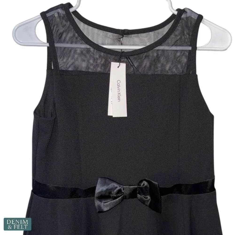 Calvin Klein Black Fit &‎ Flare Dress Sheer Mesh Bow Detail Size 14 NEW~NWT